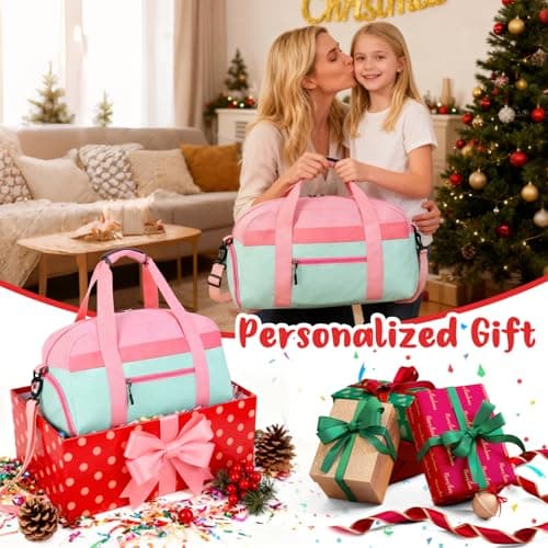 WOOMADA Travel Duffle Bag, Weekend Bag with Wet Pocket & Trolley Sleeve, Overnight Bag With Shoe Compartment, Fit for Sports Practice, Travel and Gifts(pink green) - Thumbnail 2