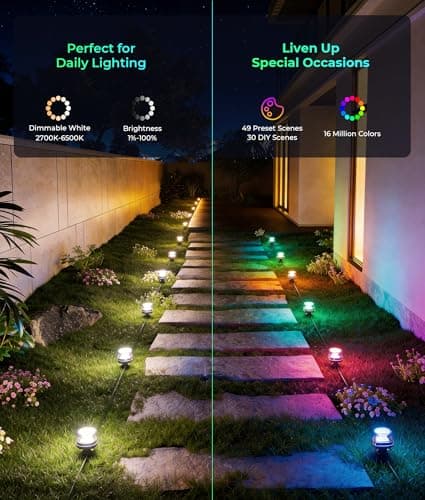 DeckTok Outdoor Ground Lights, 50ft Smart RGBCW LED Pathway Lights Work with Alexa, Google Assistant, 15 Pack IP67 Waterproof Landscape Lighting for Path Yard Lawn Patio Pool Fence and Party Decor - Thumbnail 2