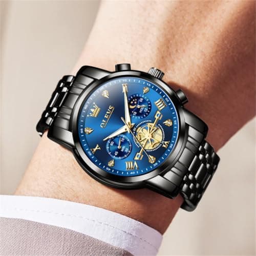 OLEVS Watch Men Blue Dial Black Stainless Steel Luxury Chronograph Dress Analog Quartz Wrist Watches for Men Waterproof Moon Phase Fashion Luminous Nice Mens Watches Relojes para Hombres - Thumbnail 2