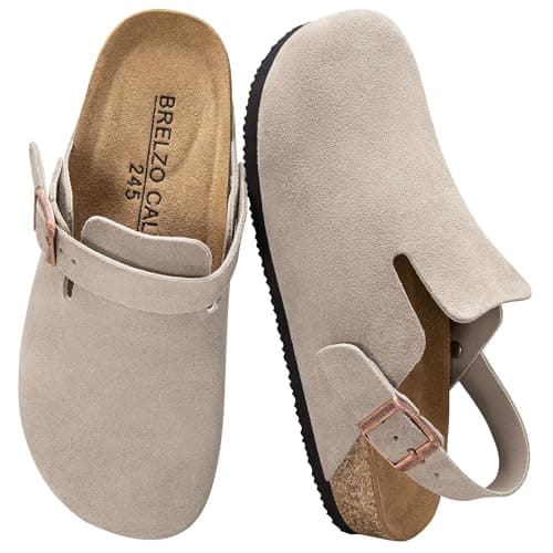 Brelzo Calvior Womens Suede Clogs Mens Leather Mules Arch Support Potato Shoes Slip On Slipper Sandals with Adjustable Buckle for Outdoor Use, Tan Size 12 - Image 1