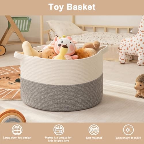 OIAHOMY 90L XXXLarge Blanket Basket for Living Room, 21.7" x 13.8" Woven Cotton Rope Laundry Basket for Organizing Pillows, Decorative Stuffed Animal Toy Storage for Nursery, White and Light Grey - Thumbnail 3