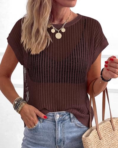 KIRUNDO Crochet Tops for Women 2026 Summer Beach Vacation Clothes Cover Up Mesh Top Lightweight Sweater Cruise Resort Wear(Brown, X-Large) - Thumbnail 5