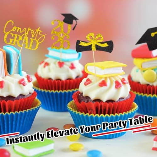 Oeyliz Graduation Cupcake Toppers 2026 Graduation Theme Cupcake Toppers Glitter 2026 Grad Cap Congrats Grad Diploma Cupcakes Toppers 24 PCS For 2026 Graduation Cake Decorations Supplies Gold - Thumbnail 3