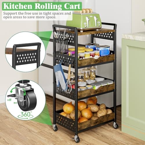 MJIMKE 4-Tier Utility Rolling Cart with Wheels - Kitchen Organizations and Storage Metal Cart, Detachable Fruits Coffee Snacks Art Craft Storage Cart for Bathroom, Pantry & Laundry, Black - Thumbnail 3