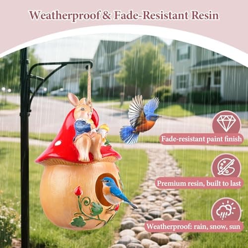 Bird Houses for Outside – Hand-Painted Decorative Bird House, Waterproof Resin Hanging Birdhouse for Patio, Yard, Porch & Garden Decor - Thumbnail 4