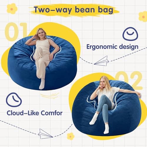Cansunna 4FT Bean Bag Chairs,Comfy Beanbags Giant Bean Bags Chairs with Memory Foam Filling,Beanbag Chairs for Adults,Machine Washable Cover,Lazy Sofa for Gamming Room,Living Room & Bedroom,Blue - Thumbnail 4