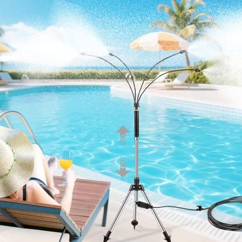 Misters for Outside Patio, Portable Standing Misting Cooling System with Water Hose Kit, 3.9FT Adjustable Height & 26 FT Hose, 4 Spray Nozzles for Pool, BBQ, Garden, Patio Cooling, Kids & Pets