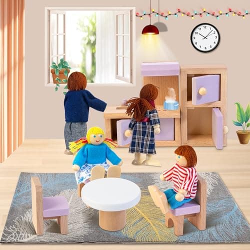 Kizfarm Wooden Dollhouse Furniture Set with 4 Family Dolls, 26 Pcs Pretend Play Dollhouse Accessories for 4 Rooms, Pink Furniture Toys Birthday Gifts for Girls Boys Age 3+ - Thumbnail 4