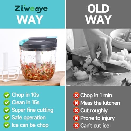 Ziweaye Manual Food Processor Vegetable Chopper, Portable Hand Pull String Garlic Mincer Onion Cutter for Veggies, Ginger, Fruits, Nuts, Herbs, etc., （900ml,Gray-blue） - Thumbnail 2