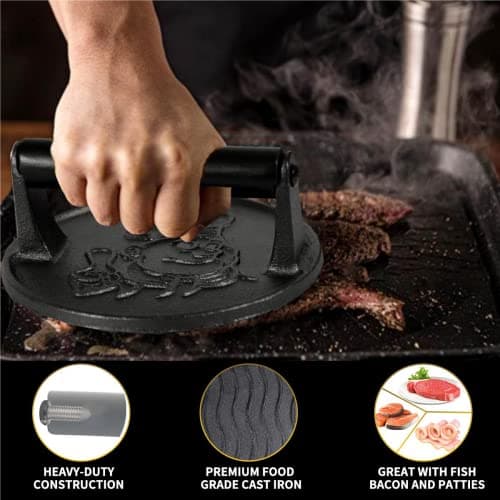 COOKWIN 6" Cast Iron Smashed Burger Press Kit, Heavy-Duty Hamburger Smasher with Non-Slip Handles and 50 pcs Patty Paper, Bacon Meat Weight Press for Steak, Smashburger, Grill and BBQs - Thumbnail 3