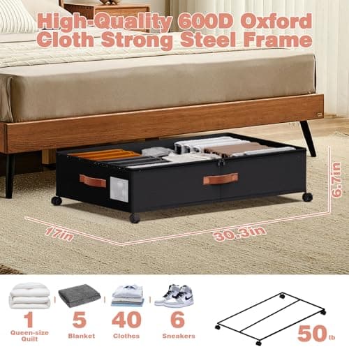 DCET 2 Pack Under Bed Storage with Wheels, 66L Rolling Underbed Containers with Clear Lid & Adjustable Dividers, 600D Oxford Fabric, Phthalate Free & Prop 65 Compliant, Heavy Duty Metal Frame, Black - Thumbnail 5