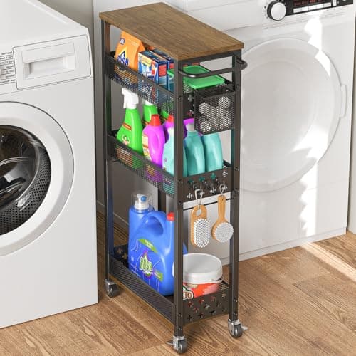 MJIMKE Utility Slim Rolling Storage Cart with Wheels, 4 Tier Narrow Metal Kitchen Cart Bathroom Laundry Room Organization Trolley with Wood Rack and Removable Mesh Basket for Small Space, 7.1IN Black
