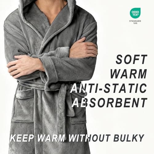 Lagtew Men's Hooded Fleece Bathrobe, Absorbent Anti-Static Plush Robe for Men with Pockets, Warm Soft for Home,DARK GREY,2XL/3XL - Thumbnail 4