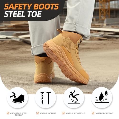 Blapek Steel Toe Work Boots for Men Non Slip Puncture Proof Safety Work Shoes for Men with Indestructible Construction Comfortable Perfect for Outdoor, Hiking, Construction Yellow 7 - Thumbnail 3
