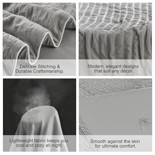 Cooling Comforter King Size – Seersucker Soft Lightweight Quilt for Hot Sleepers & Night Sweats, Q-Max 0.4 Cooling Fabric, Reversible All-Season Blanket, Oeko-TEX Certified, Pet-Friendly, Light Grey - Thumbnail 5