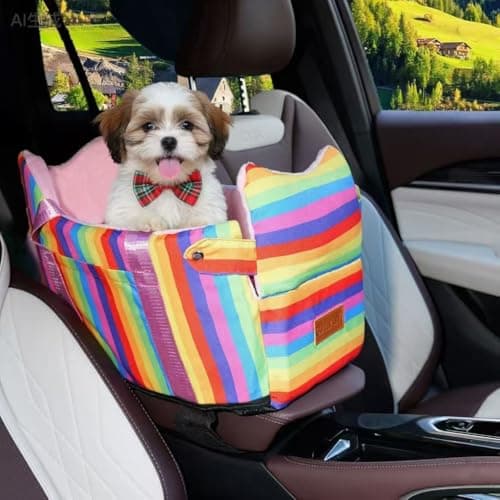 Cullaby Console Dog Car Seat for Small Dogs - Anti-Collapse Center Console Armrest Booster Seat, Sturdy Pet Travel Seat with Safety Tether, Cozy Washable Cushion, Puppy Up to 15lbs (Colorful Stripes)