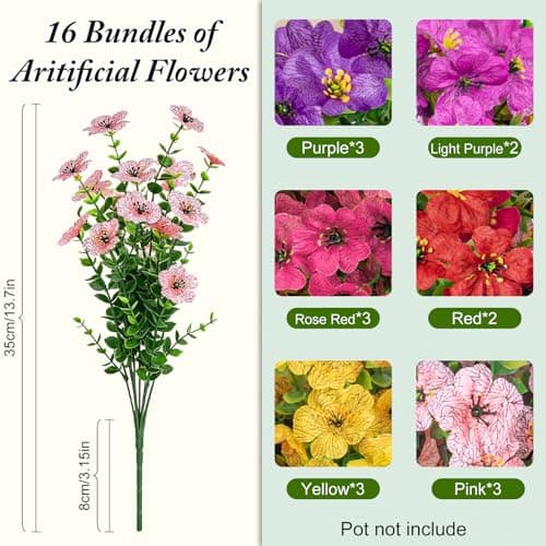 Trepcow Artificial Flowers for Outdoors - UV Resistant Realistic Spring Fake Flowers,16 Bundles Faux Flowers Bulk for Outdoor&Indoor Decor,Fake Plants for Garden,Porch,Window Box,6 Multicolor - Thumbnail 3