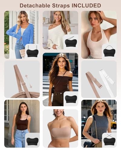 OceanDeer Bandeau Bra Strapless Bras for Women Non-Slip Wireless Tube Top Full Coverage Comfortable Padded Bralette with Clear Straps, Neutral, L - Thumbnail 5