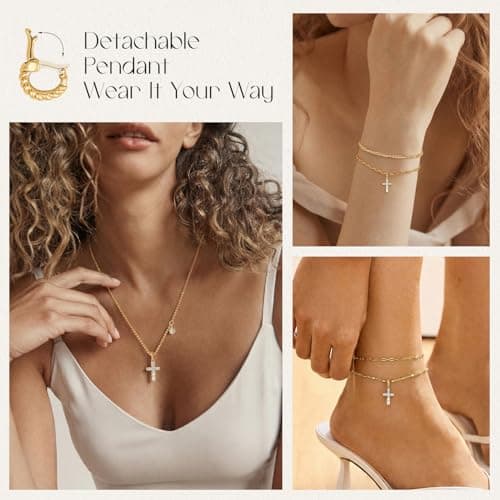 LADYGD Cross Necklace for Women, 14K Gold Plated Baguette Cubic Zirconia Removable Pendant Adjustable Dainty Jewelry White - Thumbnail 4