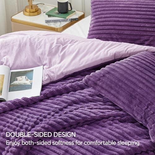 BEDELITE Fleece Full Comforter Set -Super Soft & Warm Fluffy Purple Bedding, Luxury Fuzzy Heavy Bed Set for Winter with 2 Pillow Cases - Thumbnail 4