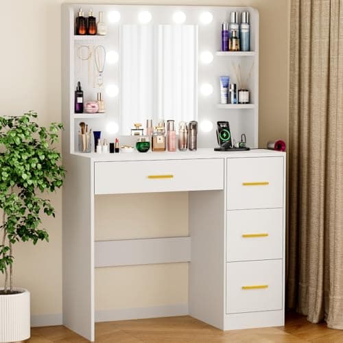 BROBIG Vanity Desk, Makeup Vanity Desk with Mirror and Lights 3 Colors, Makeup Vanity Table with Power Outlet, 4 Drawers and 4 Storage Shelves, 5 Hooks Dressing Table for Bedroom Dressing Room (White) - Image 1