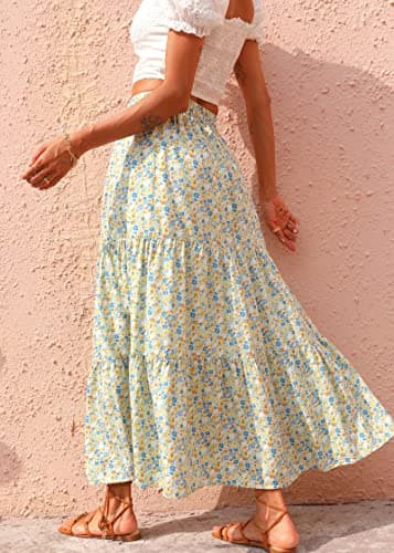 KIRUNDO Women 2026 Spring Summer High Waist Boho Floral Maxi Skirt Trendy Casual Flowy Swing Pleated A Line Beach Long Skirts(Light Blue, Medium) - Thumbnail 5