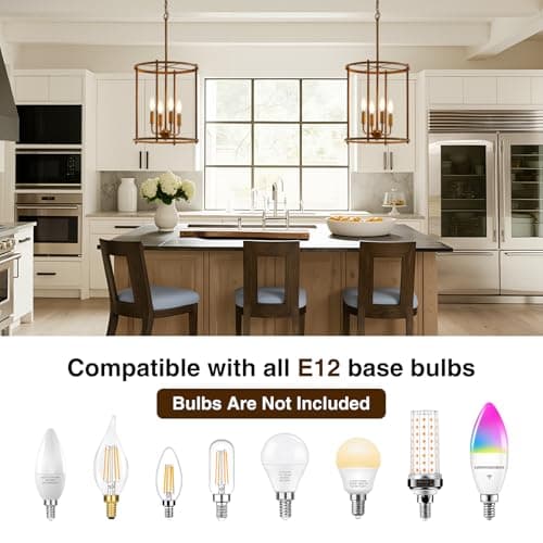 4 Light Chandelier,Farmhouse Ceiling Light Wood Grain Lantern Light Fixtures with Metal Cage Adjustable Height Rustic Hanging Light E12 Base for Kitchen Island, Dining Room, Living Room,Entryway - Thumbnail 5