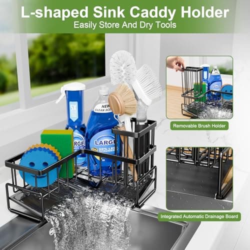 Fikoksol Large Sponge Holder for Kitchen Sink, 90-Degree Sink Caddy Organizer with Dish Brush Holder for Countertop Corner Storage Rack, Metal L-Shaped Kitchen Sink Sponge Soap Organizer Storage Ideas - Thumbnail 3