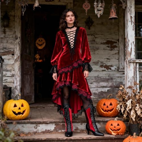 Erocalli Womens Red Witch Boots Halloween Vintage Mid-calf kitten heel Suede Boot - Fall, Lace-up, Side Zipper, Pointed Toe, Renaissance, Victorian shoes - Thumbnail 3