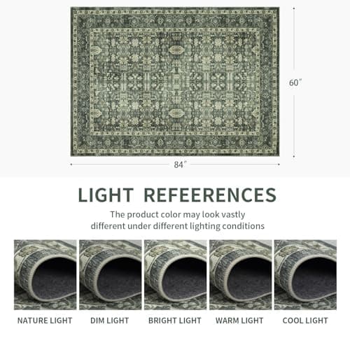 Dotiiorug 5x7 Washable Area Rugs Vintage Boho Floral Rug for Living Room Bedroom, Non Slip Low Pile Carpet 102 Green - Thumbnail 2
