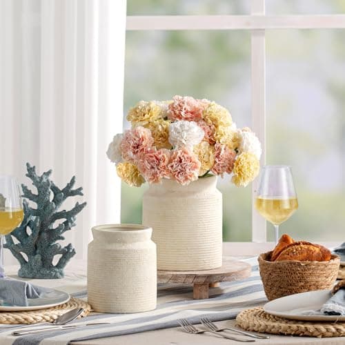 Ceramic Flower Vase 7.5 inch Farmhouse Rustic Vase for Home Decor Handcrafted Pottery Terracotta Vases for Dining Table Decor Fireplace Living Room Bathroom Wedding Centerpiece (M-Off White) - Thumbnail 6