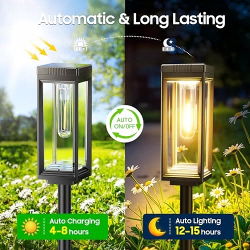 WdtPro 8 Pack Tall Solar Pathway Lights Outdoor, Bright Solar Powered Garden Lights Waterproof, Auto On/Off, Up to 15H Outdoor Lighting for Lawn Patio Walkway Driveway Path Yard Decor - Thumbnail 4