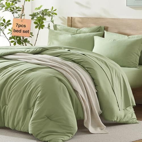 Homelike Moment California King Comforter Set 7 Piece, Sage Green Bed in a Bag Cal King Size Set Lightweight and Machine Washable - Image 1