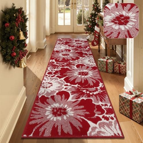Findosom Christmas Runner Rug 2x8, Non Slip High-Low Textured Floral Washable Runner Rug with Rubber Backing, Boho Carpet Runners for Hallway, Kitchen, Entryway, Bedroom, Laundry & Holiday Decor, Red - Image 1