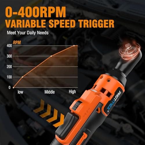 Protmex 3/8'' Cordless Ratchet Wrench, 60FT-LBS (80N.m) Electric Ratchet with 21V 2 X 2.0Ah Battery, 400 RPM Chargeable Power Ratchet Driver Set with 8 Sockets,1/4 Adaptor, 3" Extension Bar - Thumbnail 4