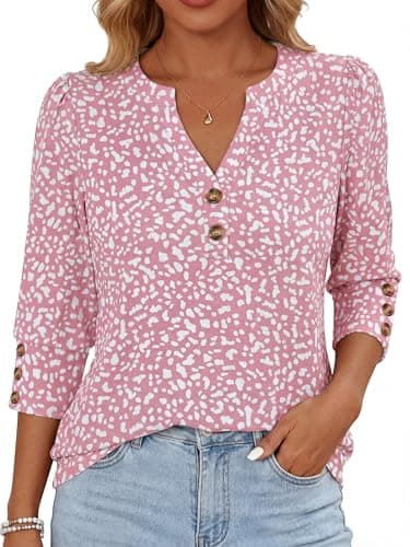 ANRABESS Womens Tops 3/4 Sleeve Casual Henley Shirts V Neck Buttons Dressy Work Business Blouses 2026 Spring Trendy Clothes Small Floral Pink - Image 1