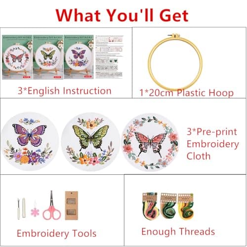 Mozzyyee 3 Sets Embroidery Starter Kit for Beginners Adults Include 3 Embroidery Clothes with Instructions Hoops Floss Thread Fabric Needles (Butterfly) - Thumbnail 3