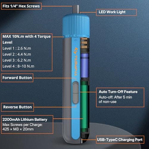 Tilswall 4V Electric Screwdriver Cordless, 10N.m High Torque /260 RPM, Cordless Screwdriver with 4-Level Control, 2200mAh USB-C Fast Charging, 25pc S2 Steel Bits for DIY and Home Repairs (Blue) -W122 - Thumbnail 6