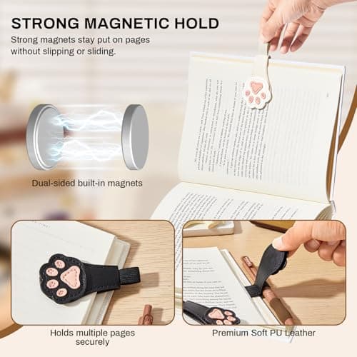 2Pcs Magnetic Bookmarks with Gift Box Magnetic Pen Holder for Notebook Cat Book Marks Clip Gift for Book Lover Readers Cute PU Leather Bookmark for Women, Paw (White+Black) - Thumbnail 2