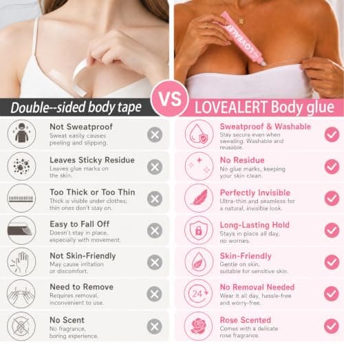 LOVEALERT Body Glue for Clothes – 20ml Liquid Fashion Tape Alternative, Fast Drying 60s Body Adhesive for Clothing, Sweat Resistant Skin Glue for Strapless Dresses, Low-Cut Tops, Wigs(Rose) - Thumbnail 2
