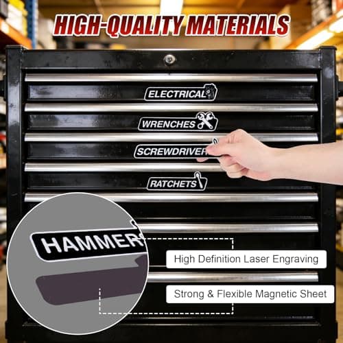 Magnetic Tool Box Labels and Hooks Set, 12 PCS Toolbox Magnetic Labels + 4PCS Self Adhesive Metal Hooks, Reusable Tool Box Accessories Organize for Steel Carts, Drawers, and Cabinets(Black) - Thumbnail 3