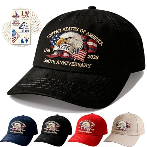 Bokauo 250 Anniversary USA Hat for Men Women,Printed Adjustable Baseball Cap,250th Years Gift Merchandise for Husband,Veteran (Black) - Image 1