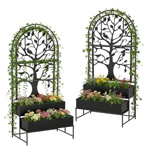 Arched Outdoor Planter Box with Trellis Set of 2 for Climbing Plants, 2 Tiers Metal Privacy Planters for Patio, Raised Garden Bed with Legs, for Vegetables, Balcony, 75.2 x 22 x 34.6 Inch, 2PCS, Black - Image 1