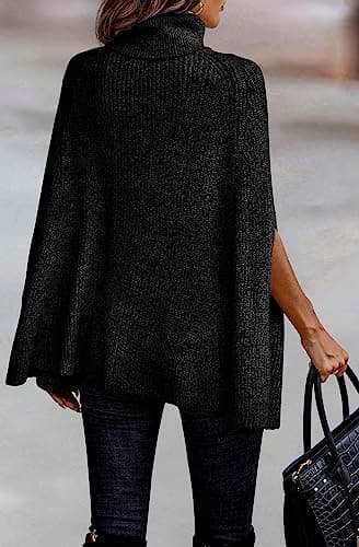 KIRUNDO Women's 2026 Fall Winter Turtleneck Poncho Sweater Fashion Chunky Knit Cape Wrap Sweaters Pullover Jumper Tops(Black, Small) - Thumbnail 5