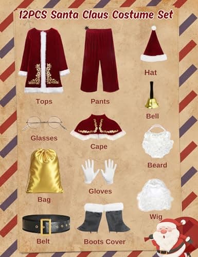 ACH Santa Suit for Men Santa Claus Costume Adult 12pcs Professional Deluxe Velvet Santa Outfit Christmas Holiday Party Cosplay Set S - Thumbnail 4