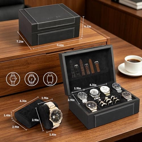 KAMIER Watch Box for Men, 6-Slot High End Wooden Watch Case with Jewelry Organizer, Watch Box Holder Organizer for Men Women, Watch Storage Box with Soft Velvet Pillows, Ideal for Gift - Thumbnail 4