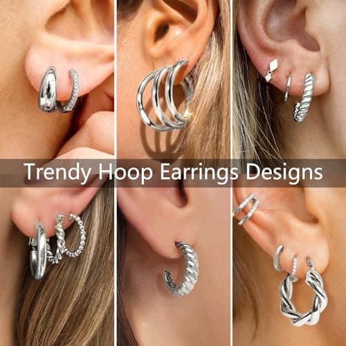 Adoyi Silver Hoop Earrings Set for Women Girls Gold Twisted Huggie Hoops Earrings 14K White Gold Plated Earrings for Women Lightweight 9 Pairs jewelry for women Girl Gift - Thumbnail 4