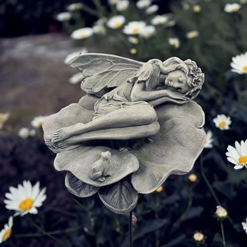 hvfun Garden Fairy Statue,Garden Sleeping Angel on Lotus Leaf with Bird Feeder Feature Outdoor Decor Sculptures Figurine Gardening Lawn - Image 1