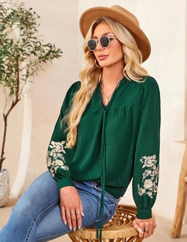 LOOKBOHO Women's Casual Floral Embroidered Puff Long Sleeve Tops Trendy Pleated V Neck Tie Front Boho Blouses Loose Shirts XL - Thumbnail 4
