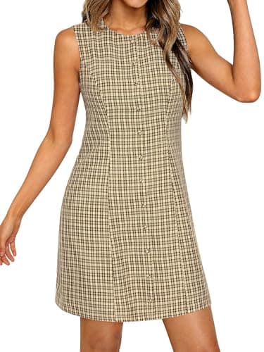 BTFBM Summer Dresses for Women 2026 Plaid Sleeveless Zip Up A Line Mini Dress Business Casual Vacation Gingham Sundress(Khaki, XX-Large) - Thumbnail 5